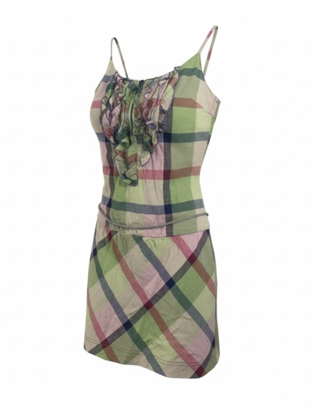 Y2K linen plaid pastel mini dress drop waist strappy